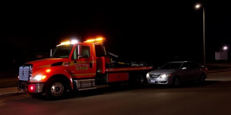 Tow truck responding to a vehicle breakdown at night.